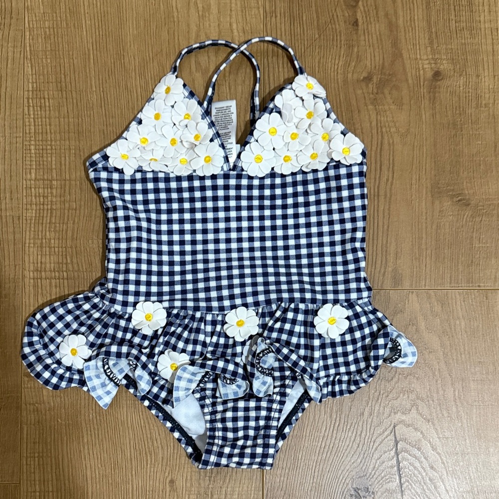 Navy Gingham Kids Swimsuit with Daisy Accents